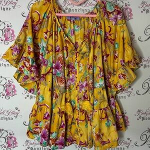 Premise top ruffle frill hem tassle ties flowers Floral Yellow Women's Top